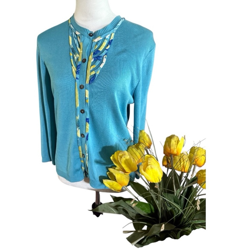Rumrunner Aqua Silk Blend Women's Cardigan Sweater with Colorful Detail